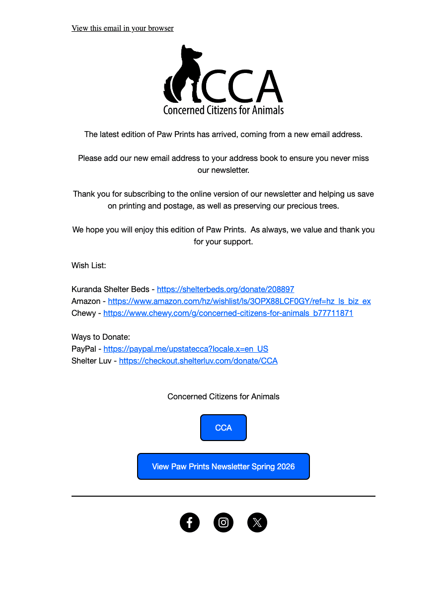 Before: the previous CCA Paw Prints email — a default Mailchimp template with logo, plain paragraphs, raw shop URLs, and two blue buttons.