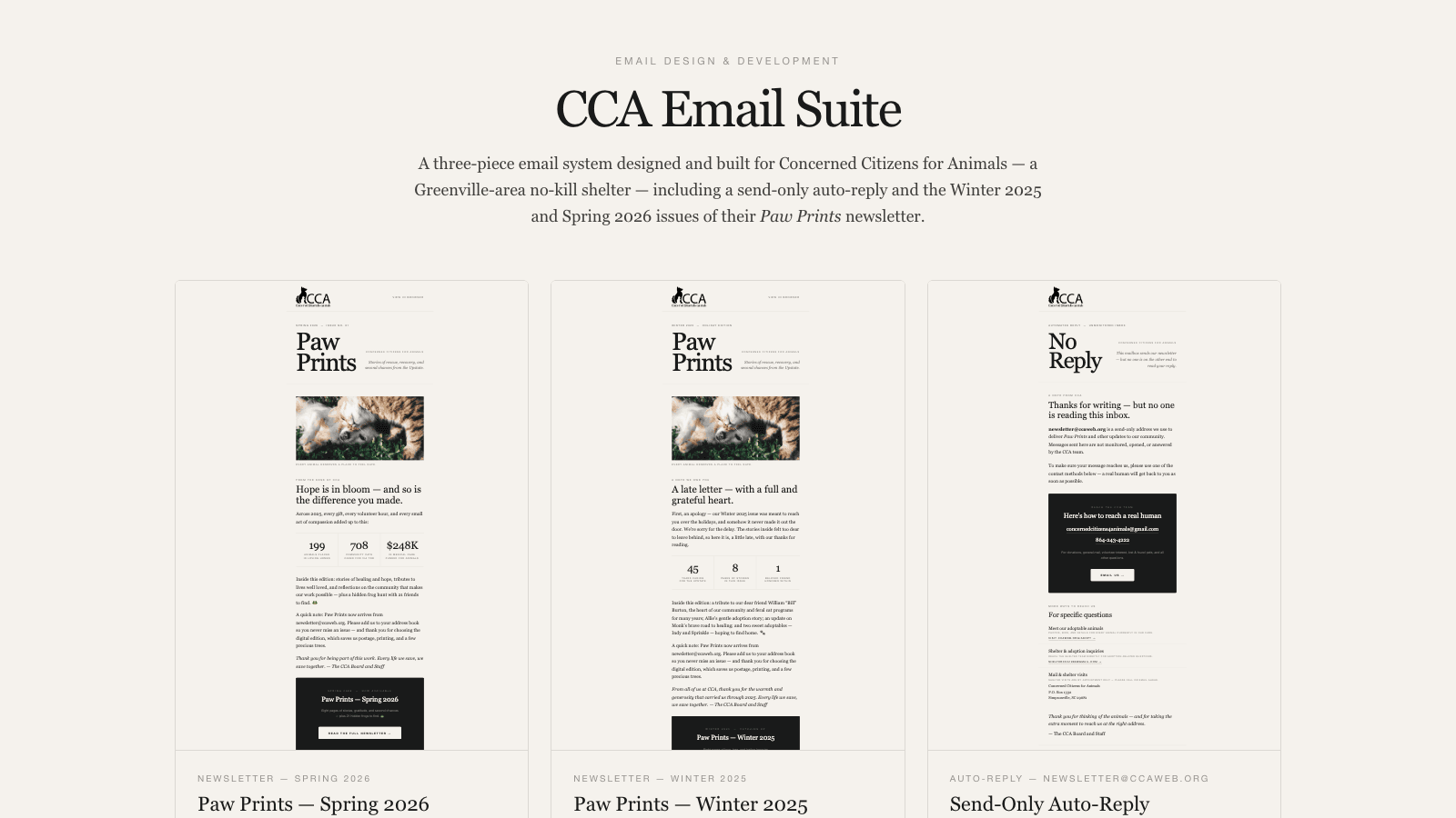 Screenshot of the CCA Email Suite — Newsletter & Auto-Reply project